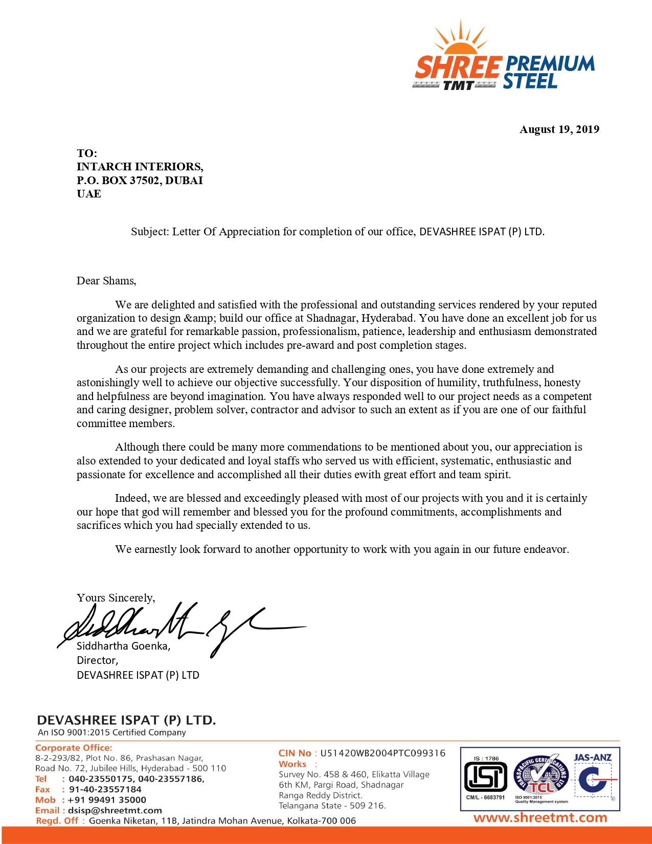 intarch interiors APPRECIATION LETTER DEVASHREE ISPAT_page-0001